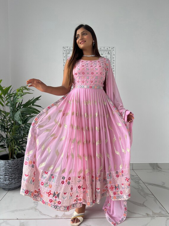 Dola Silk Party Wear Readymade Gown In Pink Color With Embroidery work and  Stone work - Gown - Sale