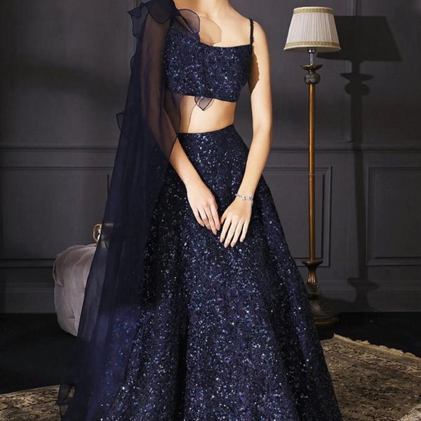 sequence lehenga Navy blue shimmer lengha choli usa uk canada indian wedding dresses evening party wear