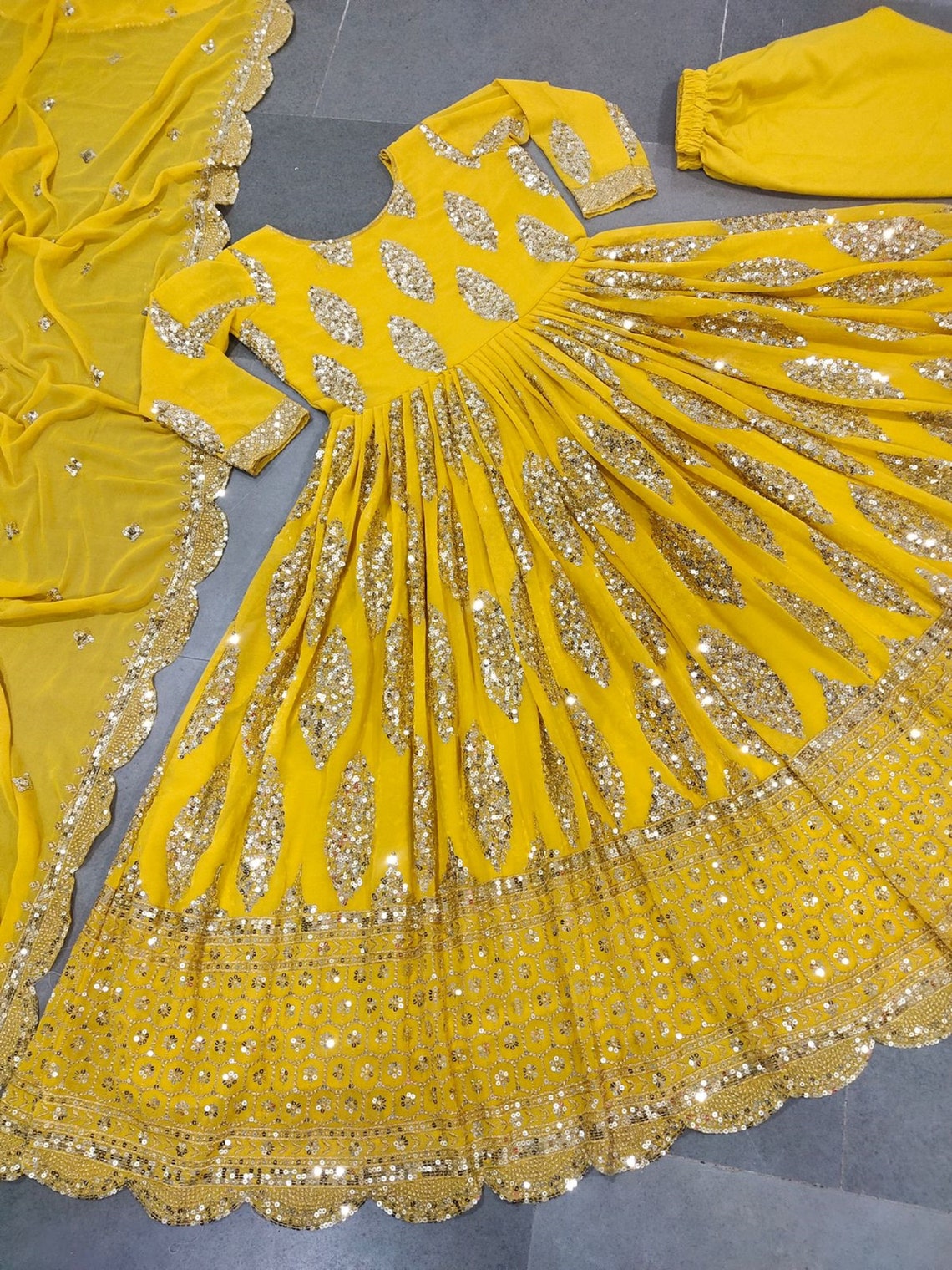 Anarkali Dresses Sequence Work Yellow Color Dress Wedding - Etsy