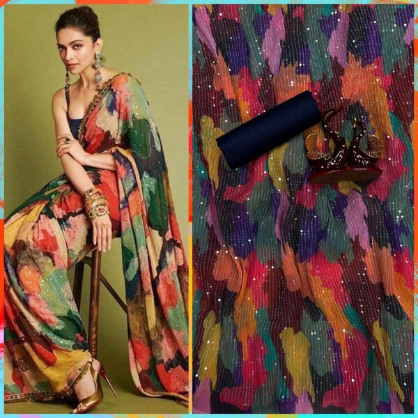 Bollywood Chic: Deepika Padukone Multicolor Saree with Blouse - Trendy Celebrity Style