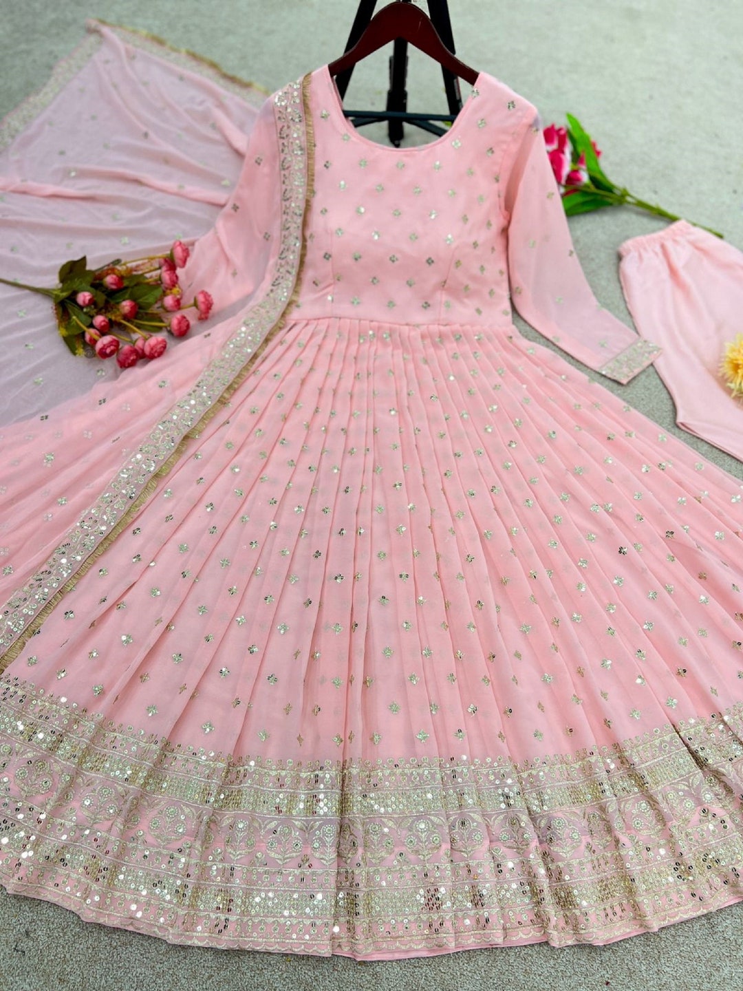 Anarkali Gown Dress For Women Indian Clothing Beautiful Party Etsy indian-outfits-for-women-haldi-function-dress-sequin-work-etsy