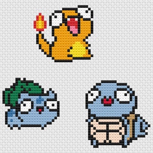 May include: Cross-stitch pattern featuring three pixelated characters: an orange creature with a flame, a blue creature with a green leaf, and a blue turtle-like creature. The characters are set against a white background.