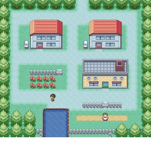 May include: A pixelated video game scene with two buildings, a river, and two people. The buildings are white with red roofs and have windows. The river is blue and has a white border. The people are wearing blue and red clothing.