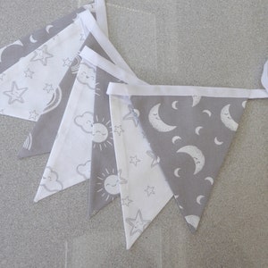 Grey White Nursery Fabric Bunting / Grey and White Moon Stars Clouds Suns and Rainbows / Neutral Colour Garland / New Baby Gift Decoration