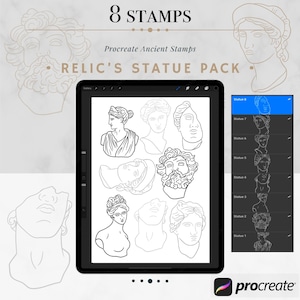以下が含まれることがあります： 古代の彫像の白黒線画8つをデジタルイラストで描いたもの。彫像はタブレットの画面に表示されており、画像の上に「RELIC'S STATUE PACK」と「8 STAMPS」の文字が書かれている。画面には「Procreate Ancient Stamps」の文字も表示されている。