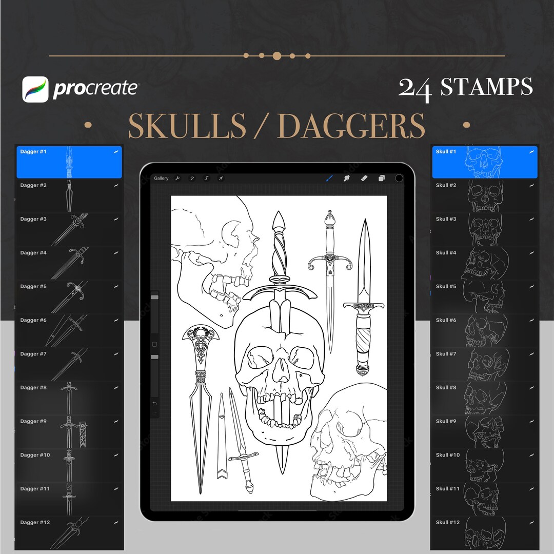 SKULLS / DAGGERS PROCREATE Stamps, Stencils, Procreate Brushes Etsy
