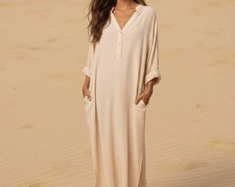 Crinkle Cotton Henley Cover Up, Boho Beach Dress, Long Tunic Cover Up, Vacation Gift, Resort Dress