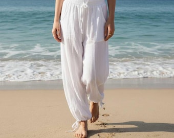 ホワイトコットンガーゼビーチパンツ｜軽量なサマーラウンジウェア