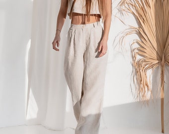 High waisted linen trousers / Pleat front linen pants / Tapered leg trousers /Palazzo linen trousers / Wide Leg Linen Pants with pockets