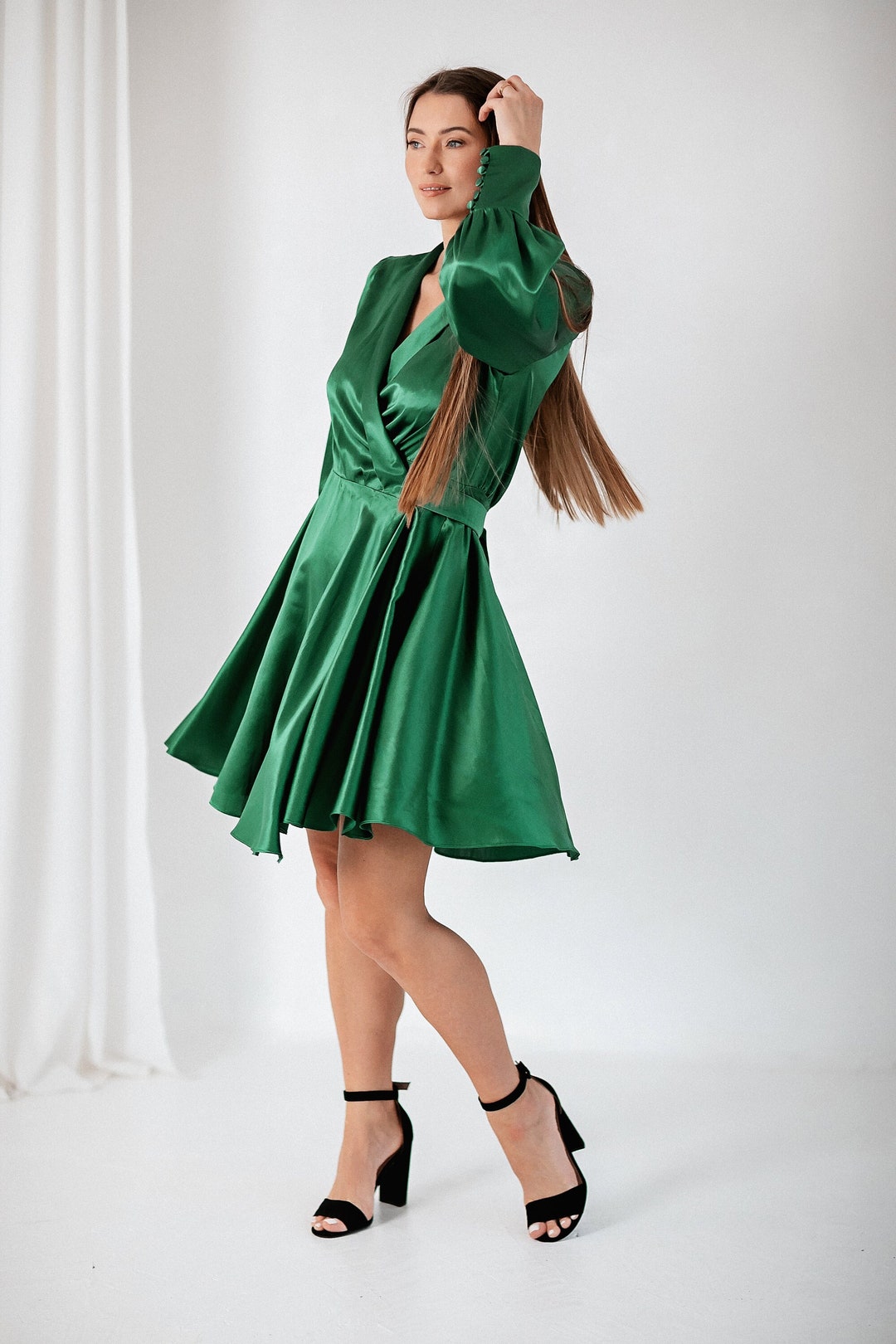 Emerald Green Silk Blend Wrap Dress: V-Neck Party Dress