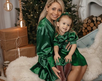 Emerald Green Matching Silk  Dresses, Mom And Me Outfit, Wedding Dress , Christmas Photoshoot Dresses, Special Occasion Dresses