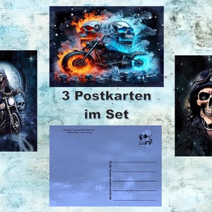 3 Postkarten Karte Geburtstagskarte Biker Motorrad Schädel Skull