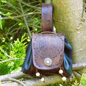 Marsupio, borsa per soldi, custodia in pelle 14 - Vegvisir- Shield Maiden, Viking, Medieval, Larp, Vikings