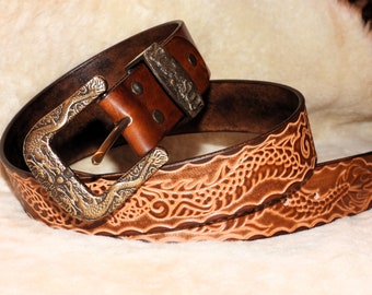 Cinturón de dragón para hombre Cinturón de cuero de dragón 120 cm - Con sello - Hecho a mano