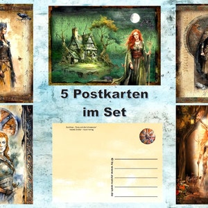 5 cartes postales nordiques carte d'anniversaire Viking Viking runes Völva bouclier jeune fille
