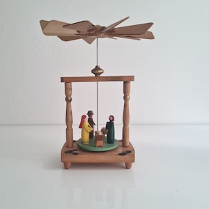 Vintage retro small German pyramid with hand painted wooden figurines and 4 candles #24