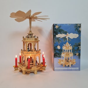 Vintage German pyramid with hand carved wooden figurines and 6 candles in original box 9 image 1