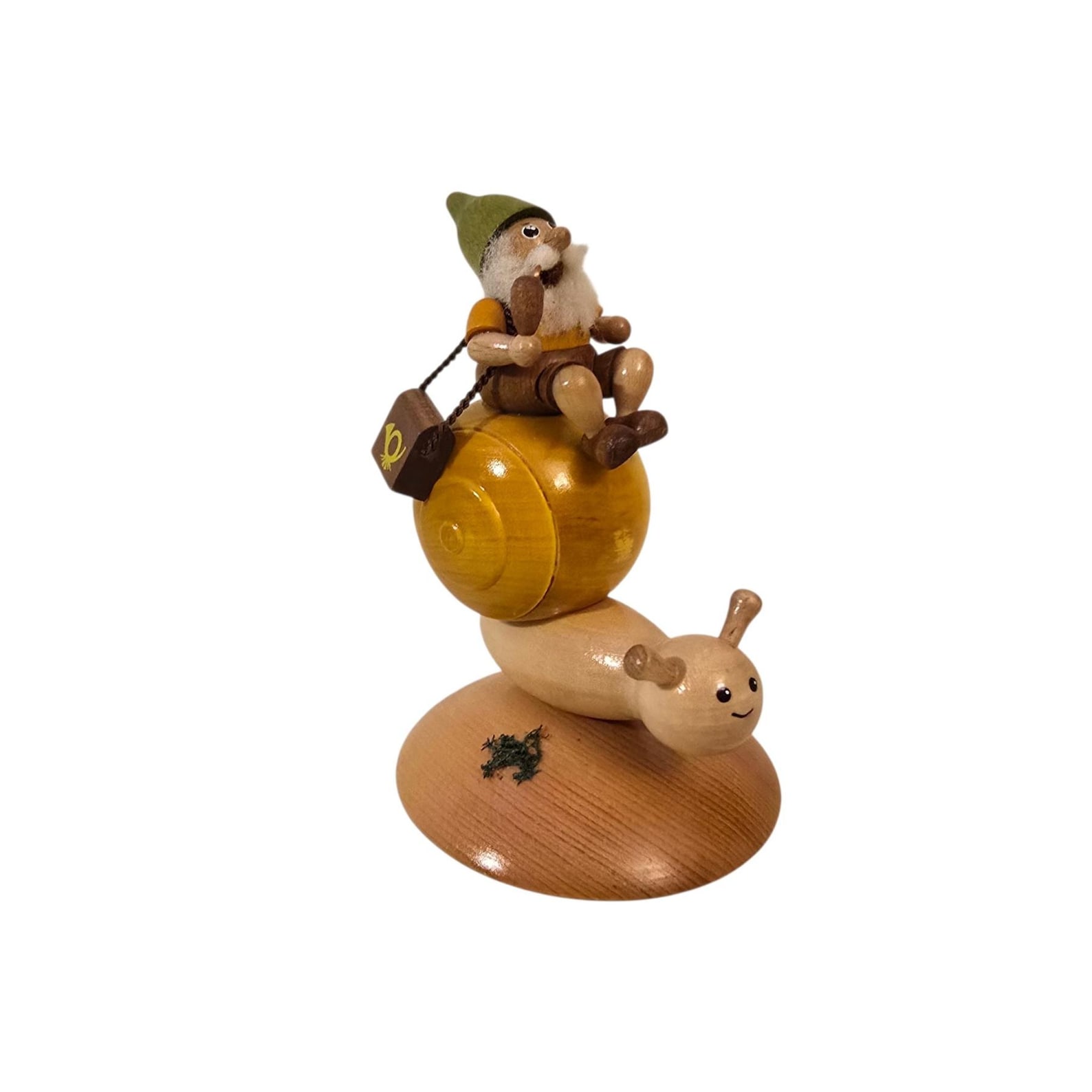 Vintage Erzgebirge Postman Gnome Riding Snail Smoker Incense Burner Made in Germany