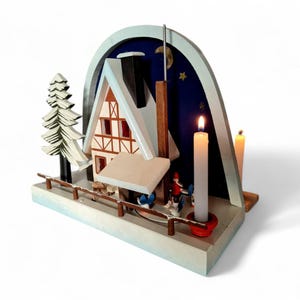 Vintage retro collectible German pyramid with hand painred wooden figurines and 3 candles #7