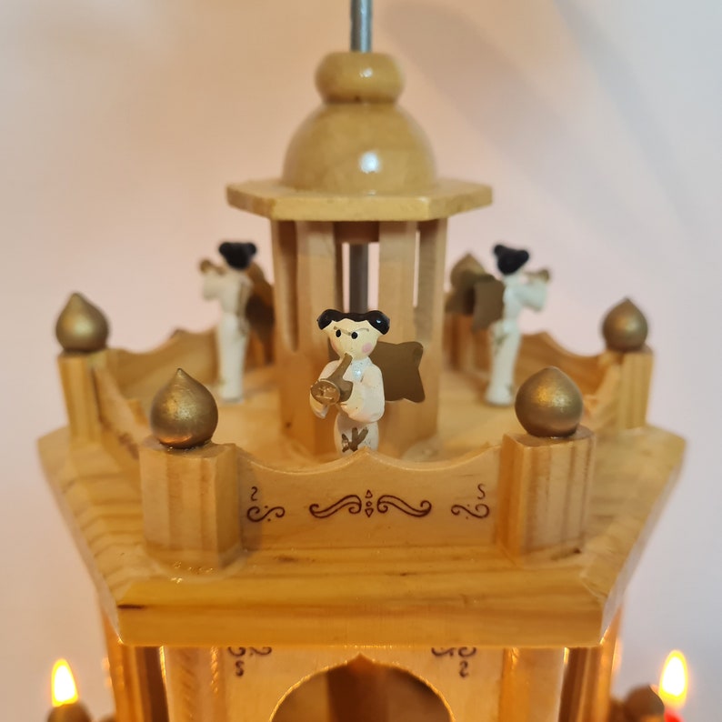 Vintage German pyramid with hand carved wooden figurines and 6 candles in original box 9 image 5