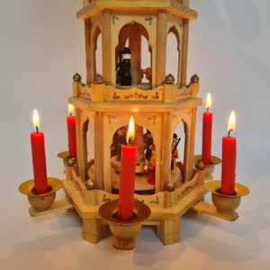 Vintage German pyramid with hand carved wooden figurines and 6 candles in original box 9 image 4