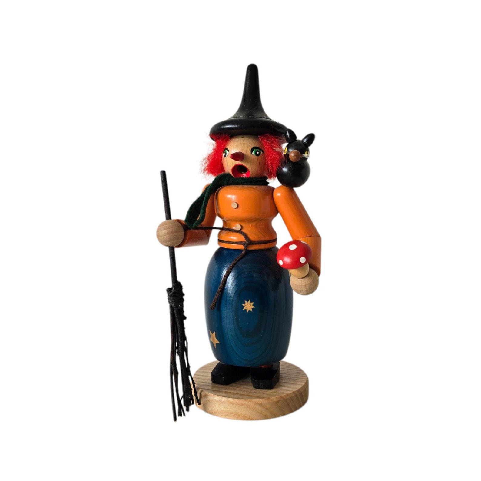 Vintage Erzgebirge Smoker Witch with Broom and Fly Agaric Mushroom Incense Burner