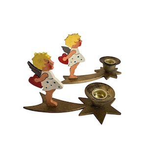 Vintage one of two retro Erzgebirge Wooden flat Angel candle holder