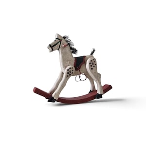 May include: A white wooden rocking horse with a dark red curved base, a black saddle, and black painted details on the legs and face. The horse features a dark mane and tail, with metal hardware connecting the legs to the body of the horse.