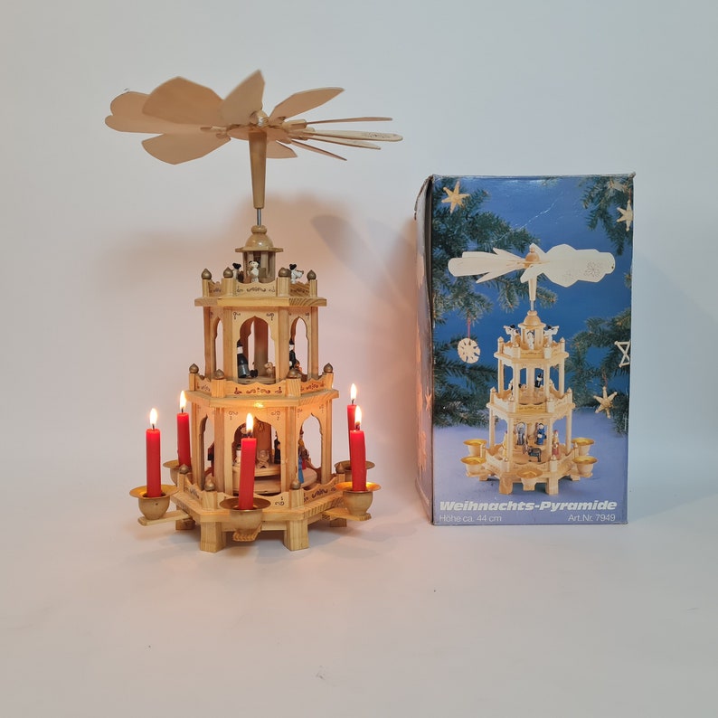 Vintage German pyramid with hand carved wooden figurines and 6 candles in original box 9 image 1
