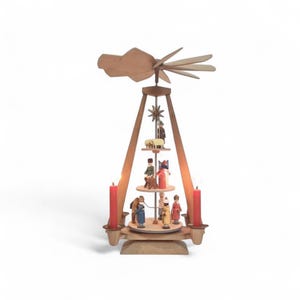 Vintage German Christmas Pyramid: Hand-Painted Nativity Scene with Candles