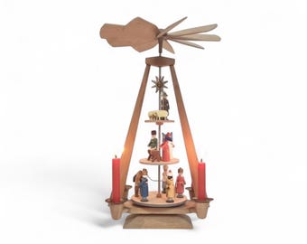 Vintage German Christmas Pyramid: Hand-Painted Nativity Scene with Candles