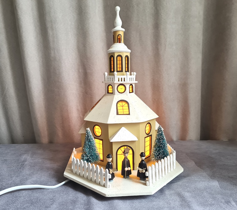 Vintage Erzgebirge Lighted House Seiffen Church Music Box silent Night