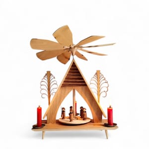 Vintage German pyramid with wooden figurines and 3 candles in original box #1