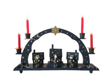 Vintage Wooden Christmas Candle Arch with Star – Hand-Painted Erzgebirge Style Decor