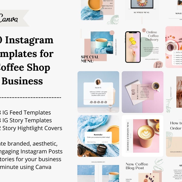 Instagram Editable Canva Templates | Instagram Feed Posts Stories and Story Highlight Covers for Coffee Shop and Restaurant | adotmarketing