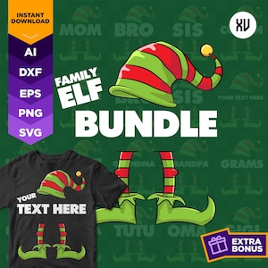 May include: A green background with a white text overlay that says "Family Elf Bundle". There is a green elf hat with red stripes and a gold bell on top. There is a black t-shirt with a green elf hat with red stripes and the text "Your Text Here". There are green elf legs with red stripes and green elf shoes.