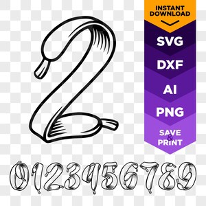 May include: A set of black and white outlined numbers 0 through 9. The numbers are stylized to look like they are made of ribbon. The number 2 is shown in a larger size than the other numbers.