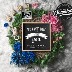 Anuncio de embarazo Digital rosa azul embarazo bebé descarga editable / granja rústica género neutral revelar tablero de cartas DIY