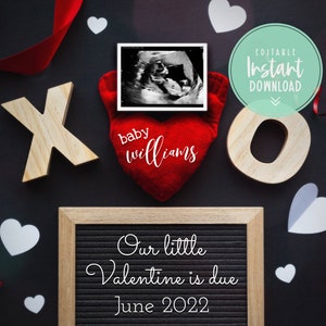 Día de San Valentín Anuncio de embarazo digital Género Neutral Instagram Embarazo Anuncio de bebé Redes sociales Tablero de cartas editable Revelar