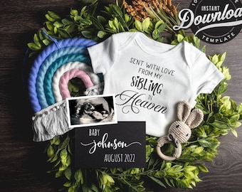 May include: A white onesie with the text "Sent with love from my sibling in Heaven" and a black card with the text "Baby Johnson August 2022". A rainbow-colored yarn wreath, a black and white ultrasound image, a crocheted bunny, and a wooden ring are also included in the image.