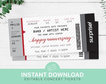 Printable Concert Ticket Gift Surprise Editable Template Instant Download | Ticket Gift For Him For Her Birthday Anniversary Christmas