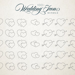 May include: A set of 36 black and white line art heart icons. The icons include hearts with arrows, hearts with sparkles, and double hearts. The icons are arranged in a grid pattern on a white background. 100+ Wedding Icon Bundle.