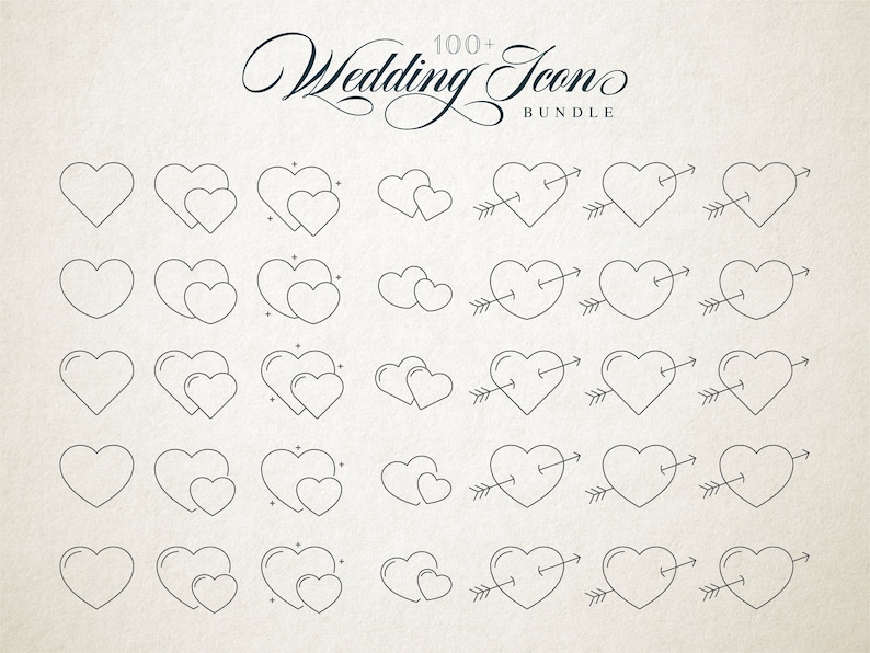 May include: A set of 36 black and white line art heart icons. The icons include hearts with arrows, hearts with sparkles, and double hearts. The icons are arranged in a grid pattern on a white background. 100+ Wedding Icon Bundle.