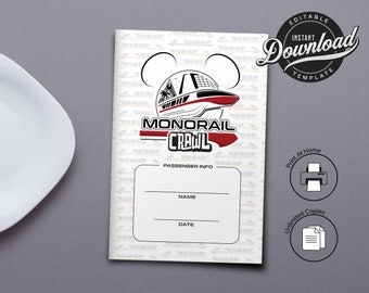 May include: Printable Monorail Crawl passenger information sheet featuring a Mickey Mouse head and a monorail graphic. The sheet includes spaces for the passenger's name and date.