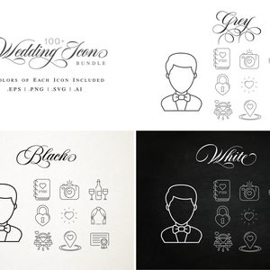 May include: A set of 100+ wedding icons in black, white, and grey. The icons include a groom, a heart, a camera, a bottle of wine, a padlock, a wedding arch, a car, a location pin, and a certificate. The text "Wedding Icon Bundle" is at the top of the image.