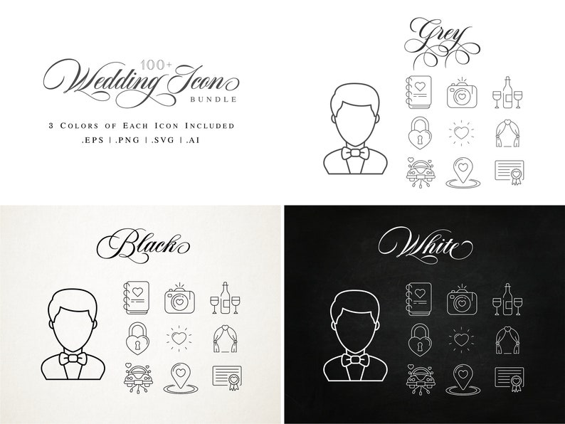 May include: A set of 100+ wedding icons in black, white, and grey. The icons include a groom, a heart, a camera, a bottle of wine, a padlock, a wedding arch, a car, a location pin, and a certificate. The text "Wedding Icon Bundle" is at the top of the image.