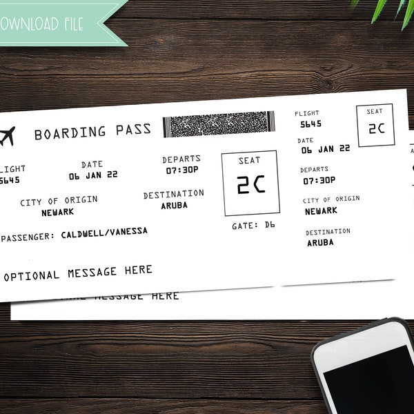 Printable Boarding Pass Airline Ticket Gift Surprise Trip Reveal Surprise Vacation Instant Download | Editable Ticket Gift For Him For Her