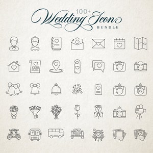 May include: A set of 100+ wedding icons in a line art style. The icons are black and white and depict various wedding-related objects, such as rings, flowers, a cake, a church, a car, and a camera.