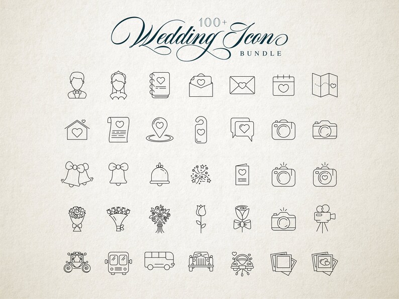 May include: A set of 100+ wedding icons in a line art style. The icons are black and white and depict various wedding-related objects, such as rings, flowers, a cake, a church, a car, and a camera.