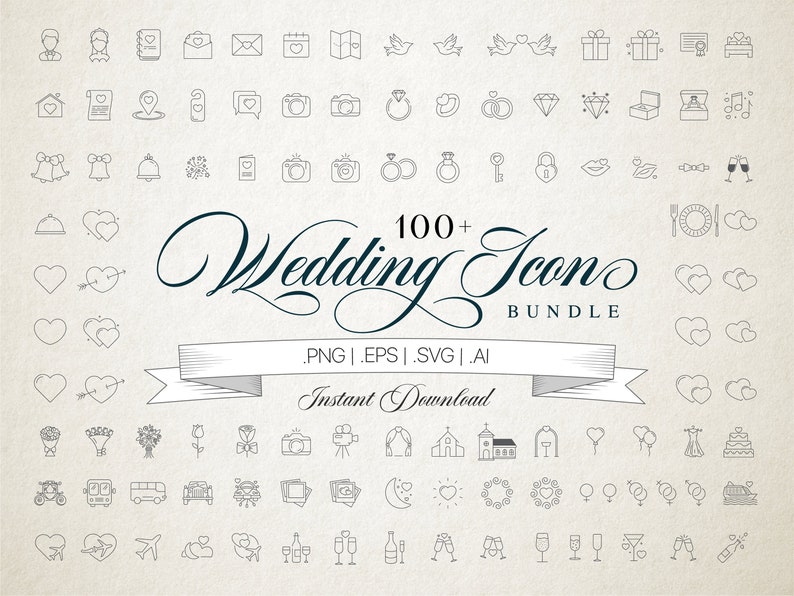 May include: A collection of over 100 wedding icons in a black and white line art style. The icons include hearts, rings, doves, cameras, bells, and more. The text "100+ Wedding Icon Bundle" is at the top of the image. The text ".PNG | EPS | SVG | AI Instant Download" is at the bottom of the image.